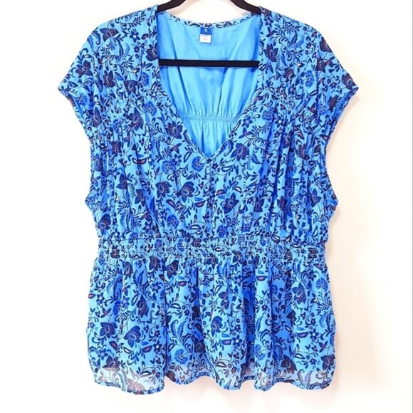 Old Navy Top Size XL Blue Floral Waist Defined Dolman Sleeve Fairy Flowy Blouse - Picture 1 of 10